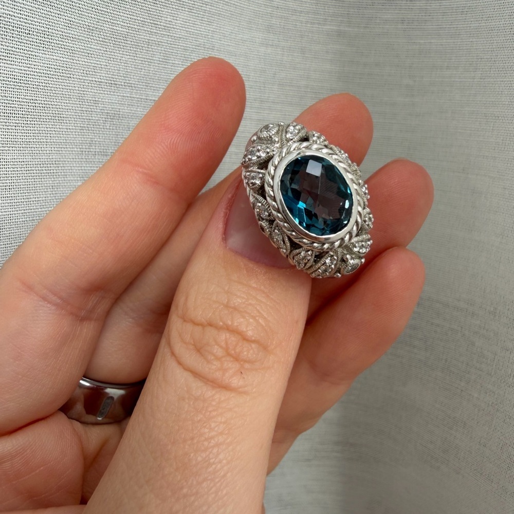 Judith Ripka Blue Topaz White CZ Sterling Silver 925 Vintage Ring Size 6
